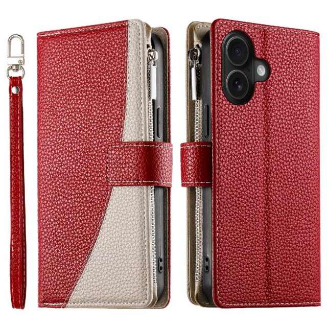 Funda cartera GANGXUN para iPhone 16 , cuero PU con tarjetero, cremallera, correa de mano, soporte y protección 935°
