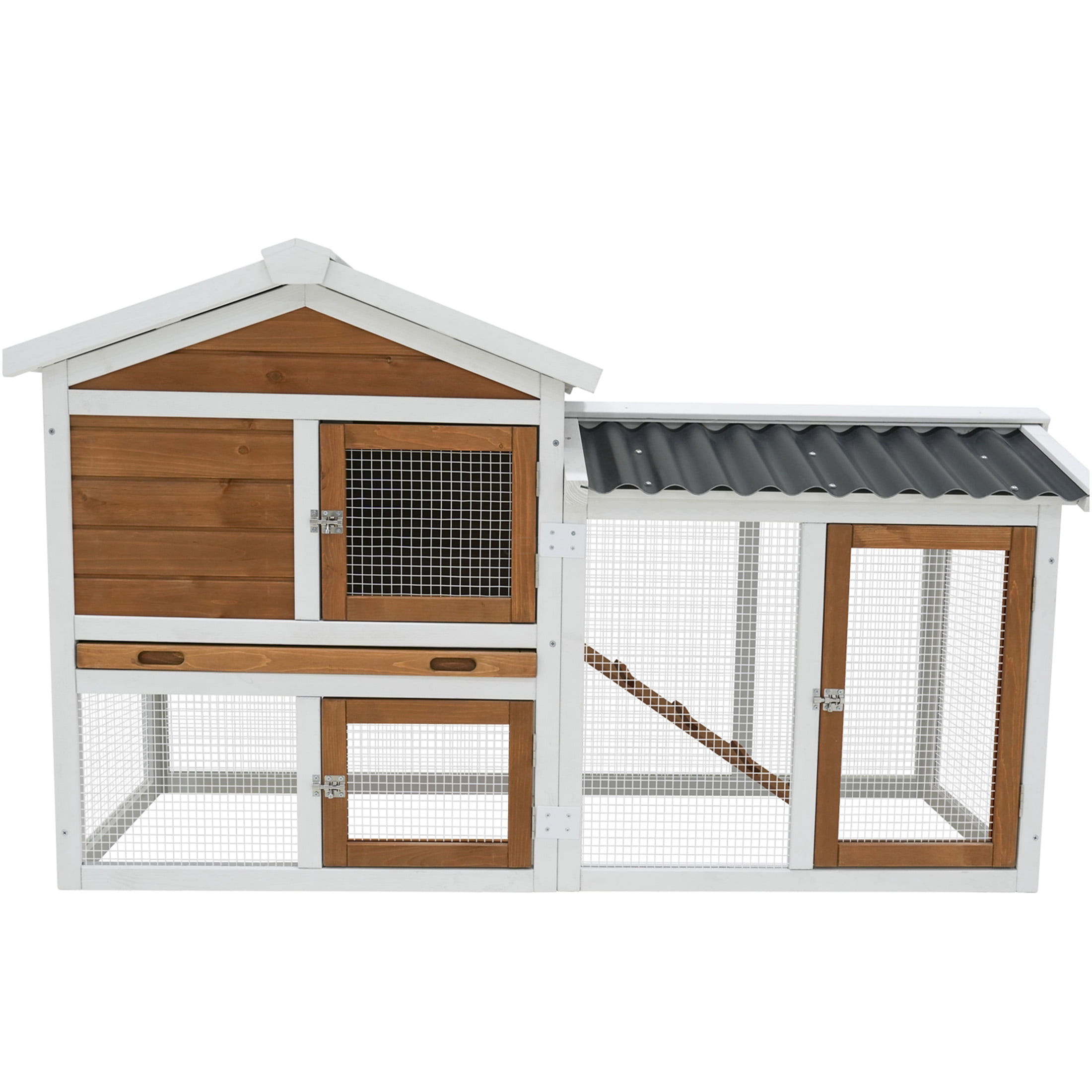 JERFIT 58 Inch Large Wooden Rabbit Hutch with Waterproof Roof, Outdoor Bunny Cage with Ramp & Pull-Out Tray for Rabbits, Guinea Pigs, Small Pets