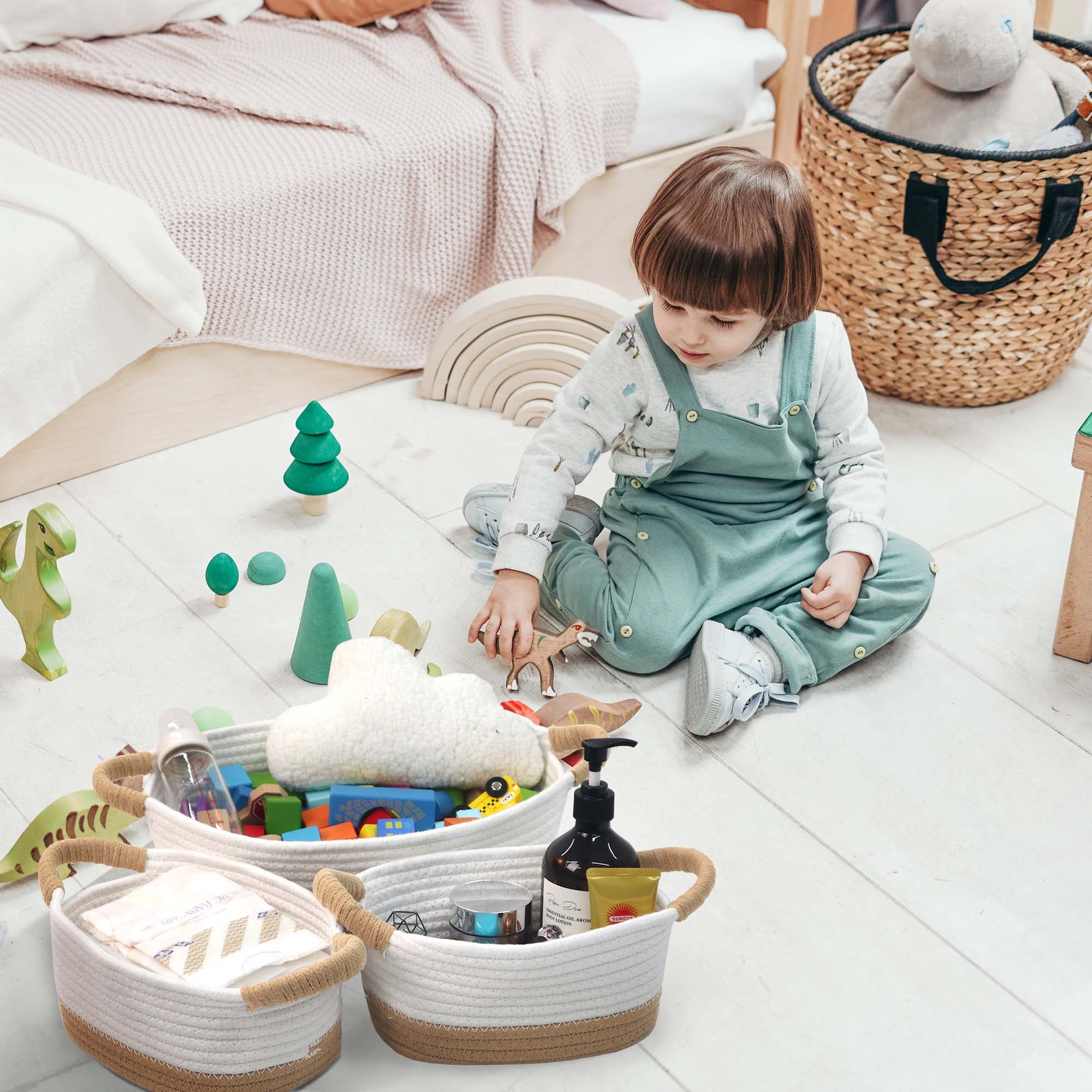 Caroeas 3-Piece Small Cotton Rope Basket, Woven Storage Basket Set, Nesting Bins for Organizing Shelves, Baby, Nursery, Toy Storage, Montessori, White and Brown