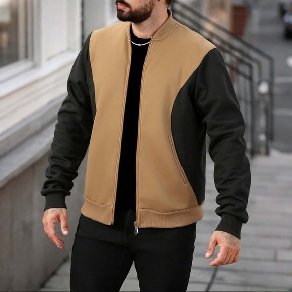 PInxai Zip up Sweatshirts Men Fall No Hood Long Sleeve Coats Lightweight Casual Loose Outdoor Jackets Color Block,Khaki,XL