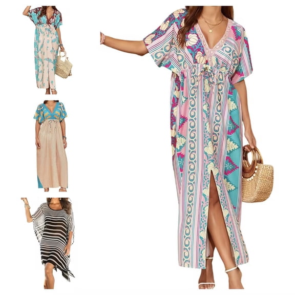 Taqqpue Women Kaftan Dresses Plus Size V-Neck Batwing Sleeves Beach Cover Up Loose Fit Maxi Dress Summer Floral Print Caftan Dress for Women