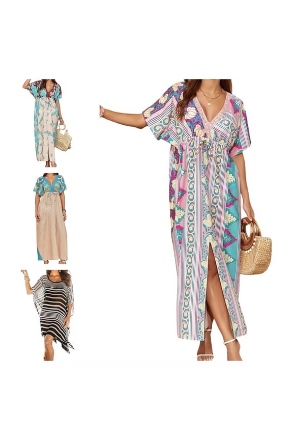 Women Kaftan Dresses Plus Size V-Neck Batwing Sleeves Beach Cover Up Loose Fit Maxi Dress Summer Floral Print Caftan Dress for Women