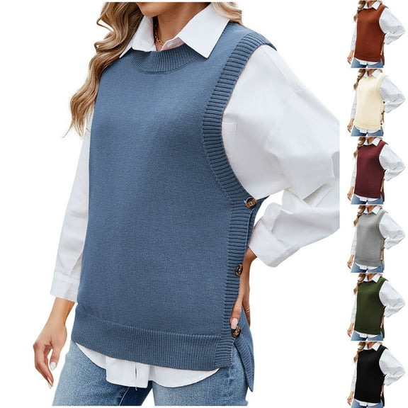 WRKEKC Sweaters for Women Autumn Winter Casual Sleeveless Solid Color Knit Vest with Round Neck Button Detail Open Front Slit Design for Layering Over Tops