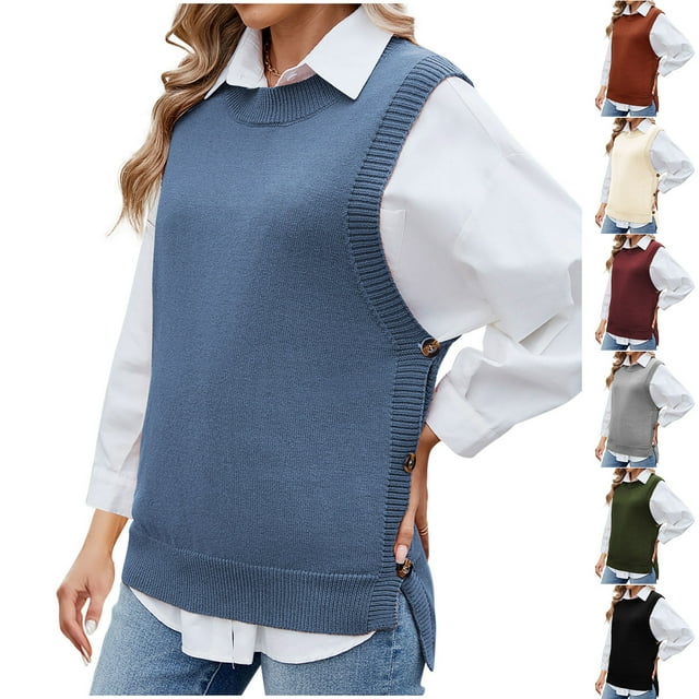 WRKEKC Chandails pour Femmes Automne Hiver Décontracté Sans Manches Couleur Unie Gilet en Tricot avec Col Rond Détail Bouton Ouverture devant Fente Design pour Superposition sur Hauts