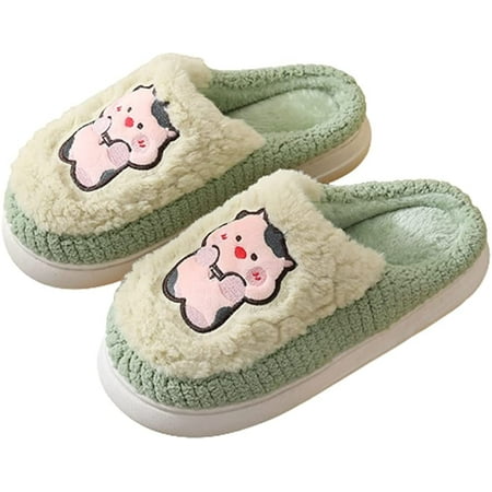 

DanceeMangoo Women Men Fluffy Fur PPlush Cozy Soft House Slippers Non-slip Cute Cow Furry Indoor Shoes