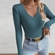 thumbnail image 1 of Suéter de cuello en V para mujer, blusa de poliéster de manga larga, color liso y moderno., 1 of 4