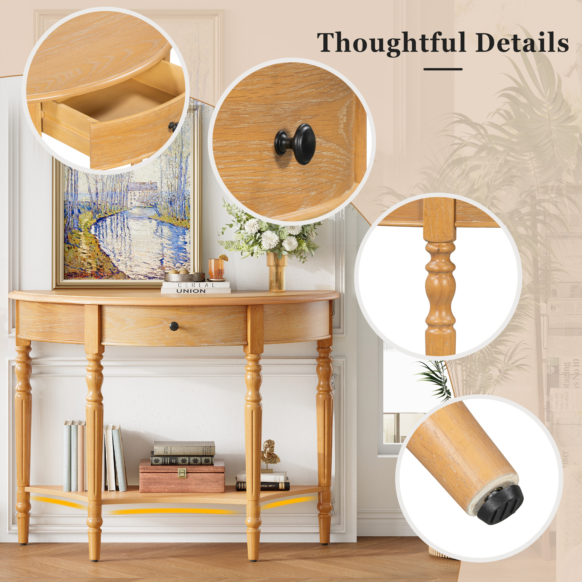 Euroco Farmhouse Half Moon Console Table, Narrow Sofa Table with Storage Shelf & 1 Drawer ,Wood Entryway Table Accent Table for Living Room, Hallway and Foyer,Natural