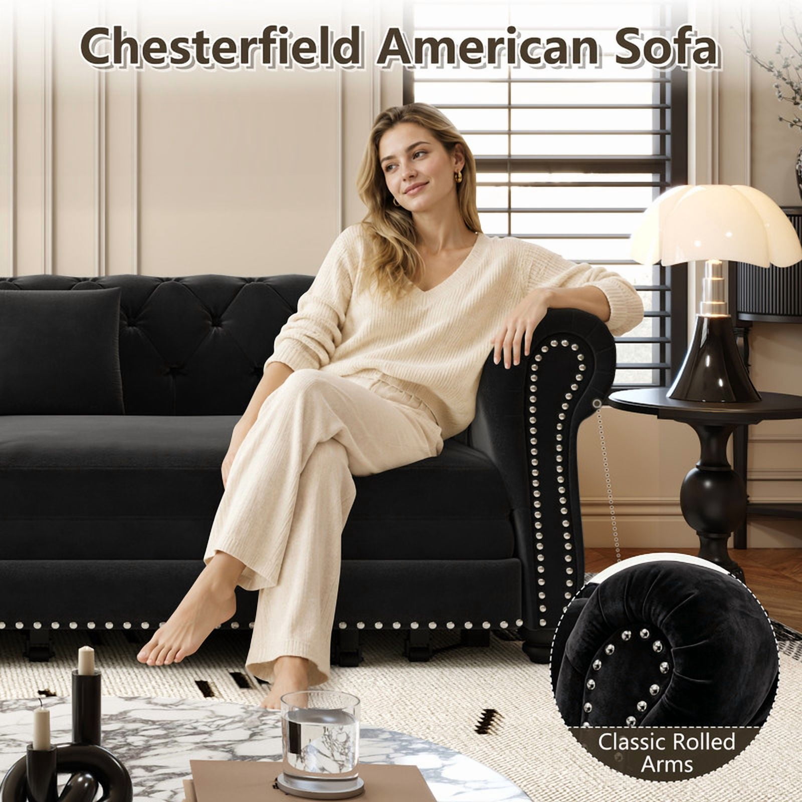 3-in-1 Pull-Out Sofa Bed, 89'' Chesterfield Sofa, Convertible Sleeper Sofa Bed, King Size Sofa Bed, Chaise Lounge, Tufted Design Velvet 3-Seater Sofa with Movable Ottoman