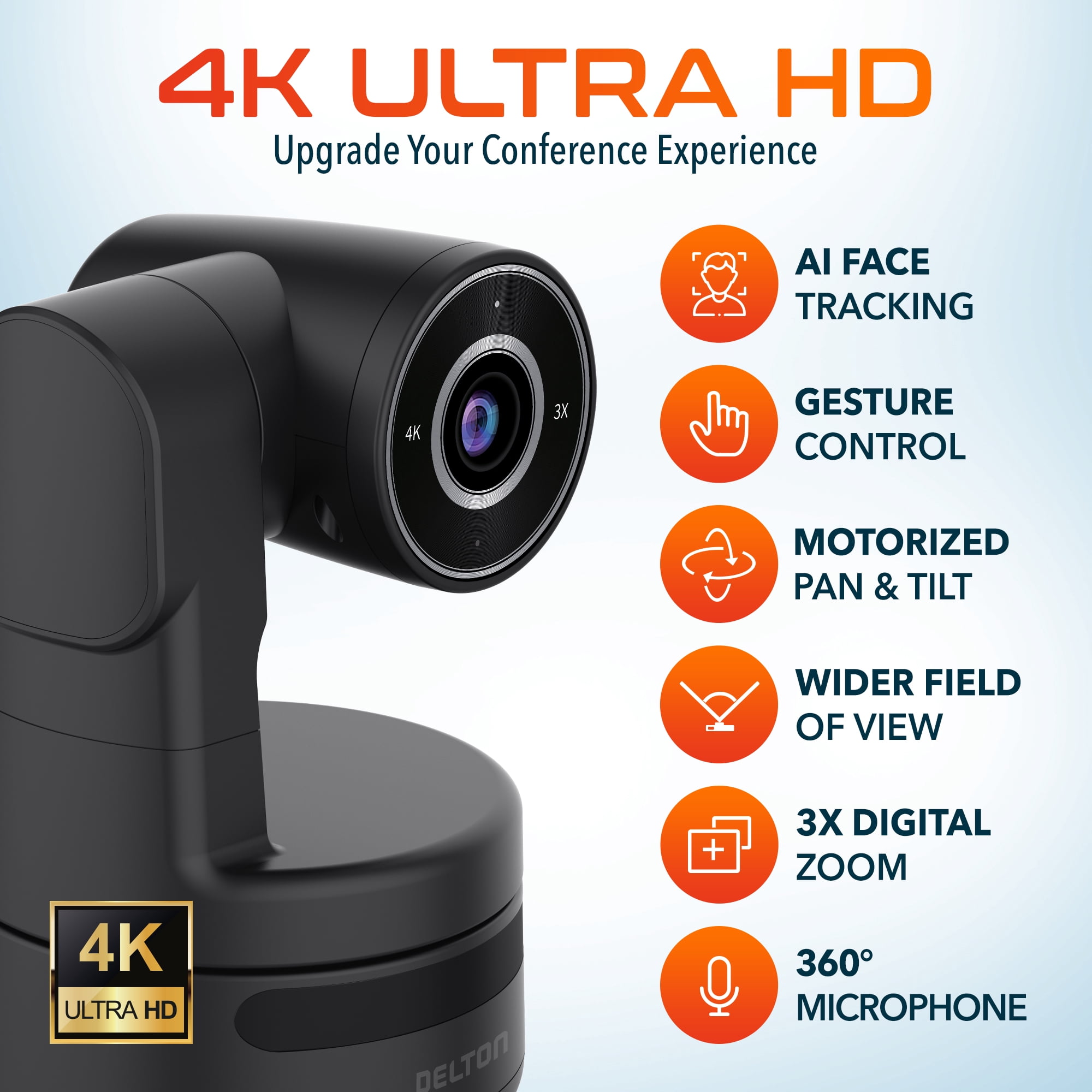 Delton C68 PTZ 4K Wired Webcam, Noise Reduction for Computer Camera With AI Tracking, Streaming Camera Compatible With Laptop/Desktop/PC/MacBook, Black