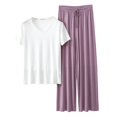 thumbnail image 2 of LIZUOJUN Modal Pajamas for Women V Neck Short Sleeve Long Pants Wide Leg Soft Stretchy Lightweight Sleepwear Loungewear 2 Piece Set Summer Spring - L, 2 of 4