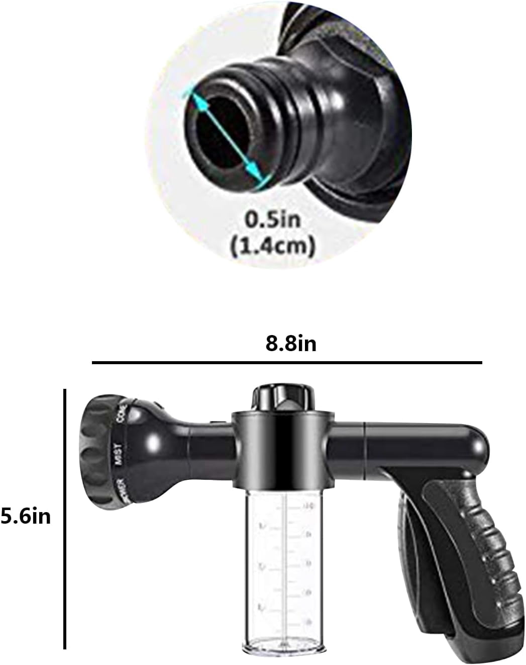 Power Garden Hose Nozzle, Adjustable Hose Sprayer Nozzle,High Pressure 8 Watering Pattern with 3.5Oz Soap Sprayer,Foam Nozzle Sprayer for Car Washing Pet Shower,Hose Attachment,BLACK