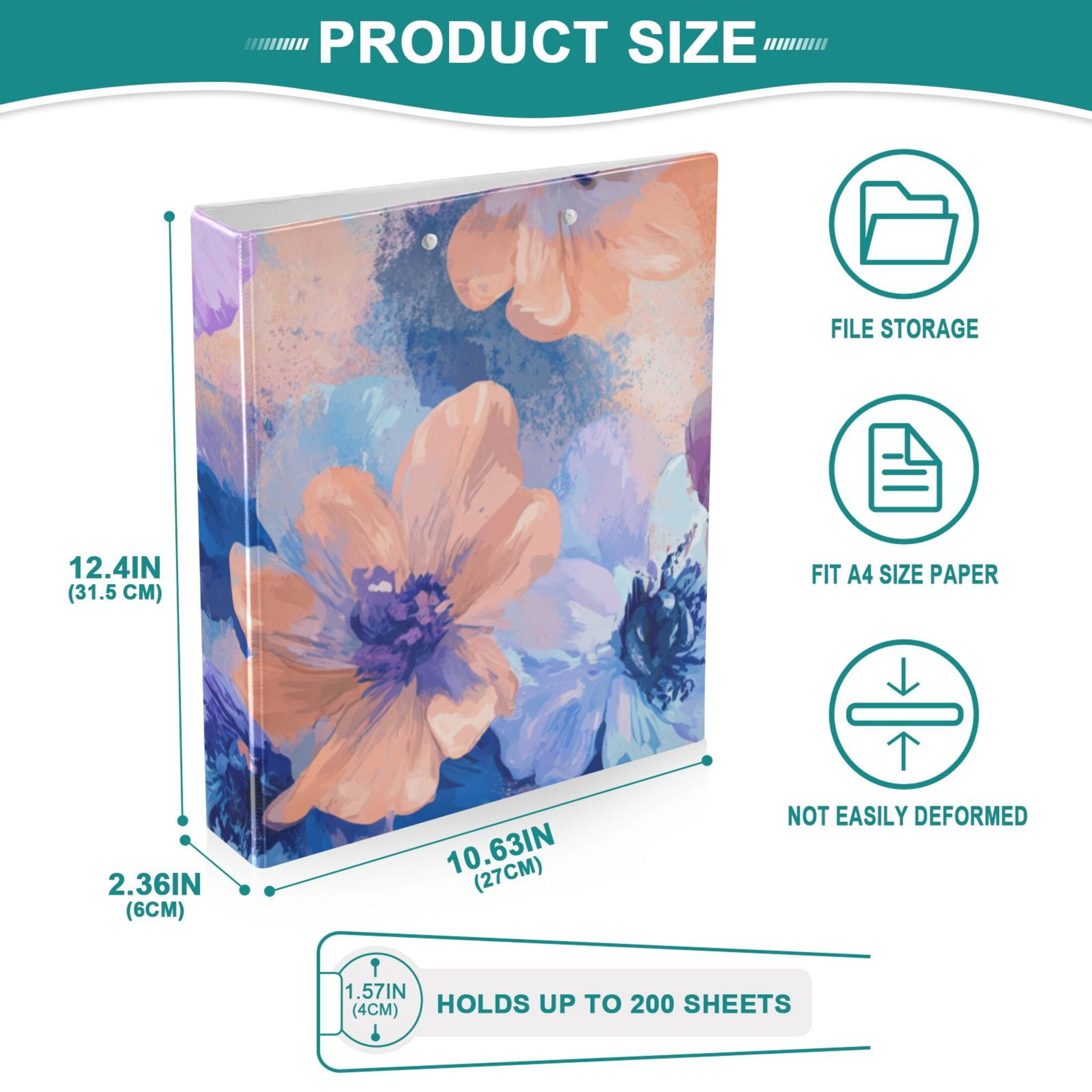 Blue Orange Flowers 3 Ring Binders 1.5 inch Hardcover File Folders with Interior Pockets A4 Size Organizer for School Office Hospital