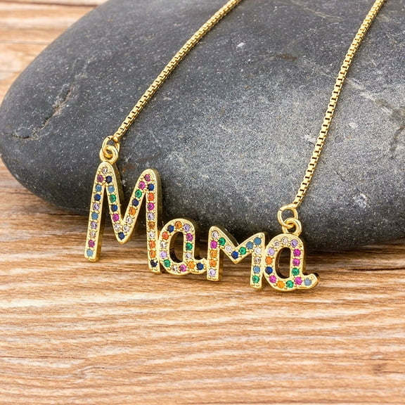 Elegant Mother's Day Gift MaMa Letter Name Pendant Chain Necklaces 14K Yellow Gold Cubic Zirconia Necklace Jewelry Gift for Women