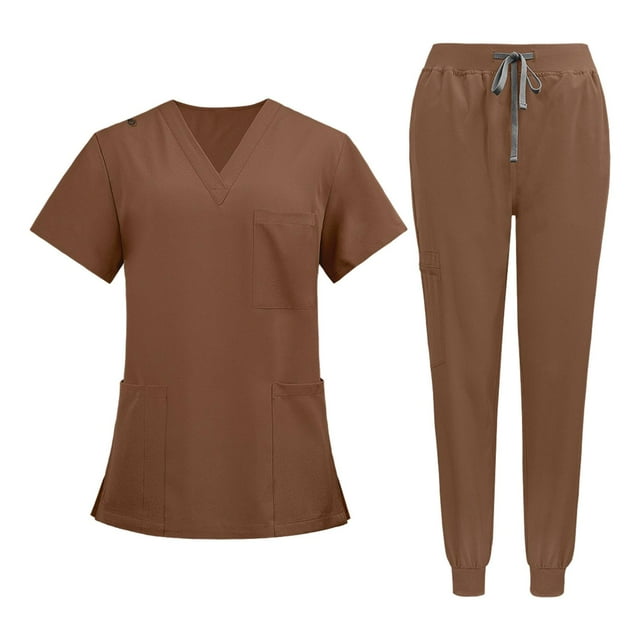 Tachiuwa Nursing Uniform Scrub Set Nurse Top and Pants V Neckline Clothes Work Suits L