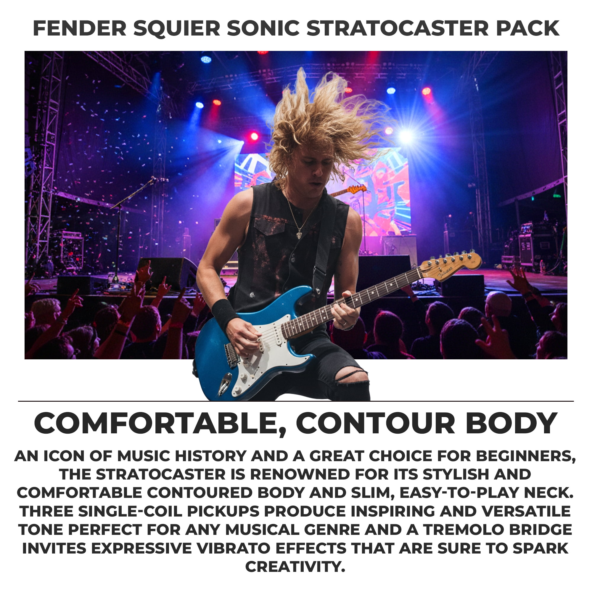 Fender Squier Sonic Stratocaster Pack - Sapphire Blue Transparent Bundle with Frontman 10G Amp, Gig Bag, Instrument Cable, Strap, and Picks