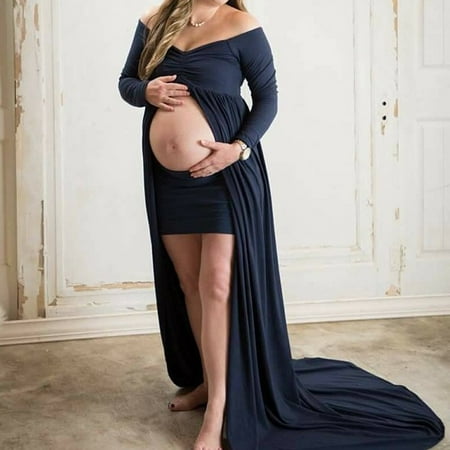 Pregnant Women Off Shoulder Split Long Maxi Dress Gown Maternity Mother Daughter Matching Dress Photography Prop Navy Blue Women