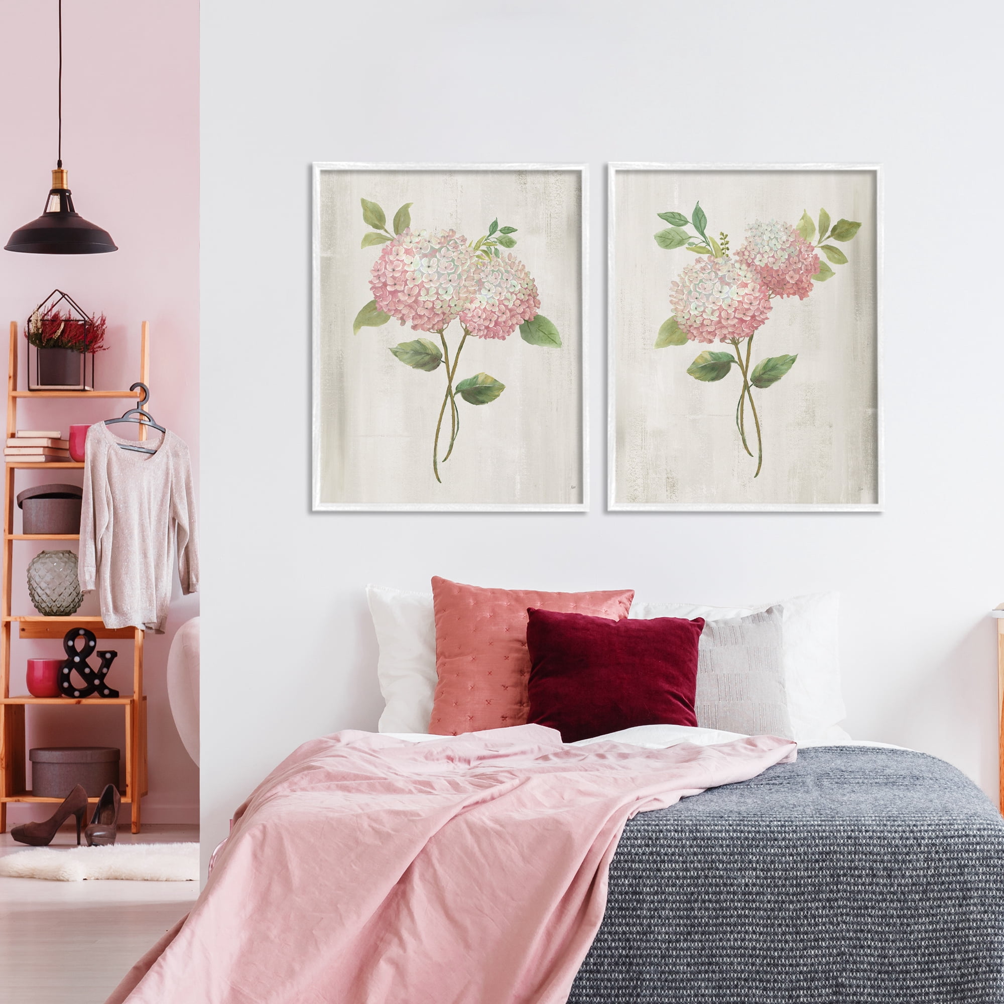 Stupell Industries Vintage Pink Hydrangea Pairs 2 Piece White Framed Giclee Art Set, design by Nan