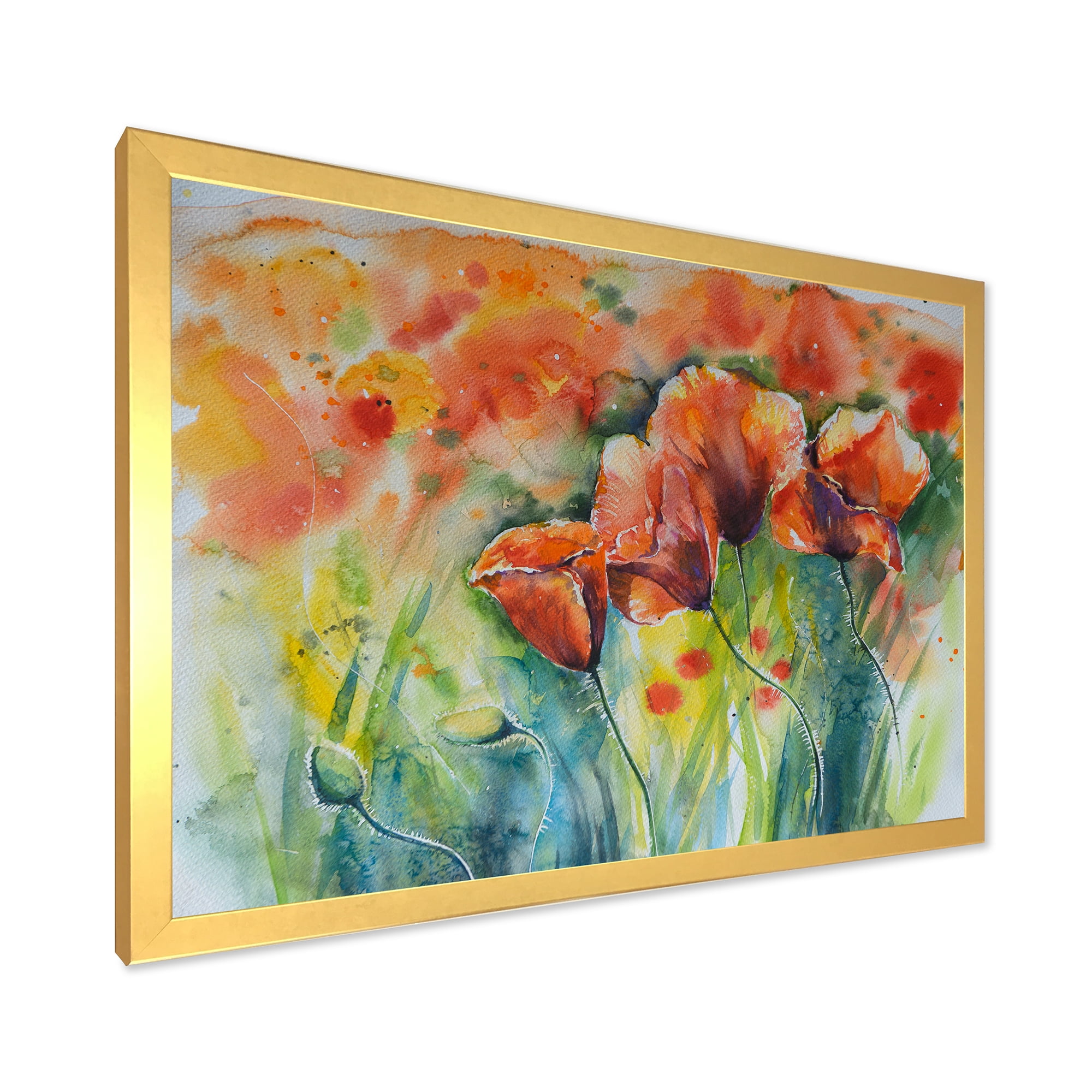 Designart 'Red Blossoming Poppies Over Wild Green IV' Traditional Framed Art Print