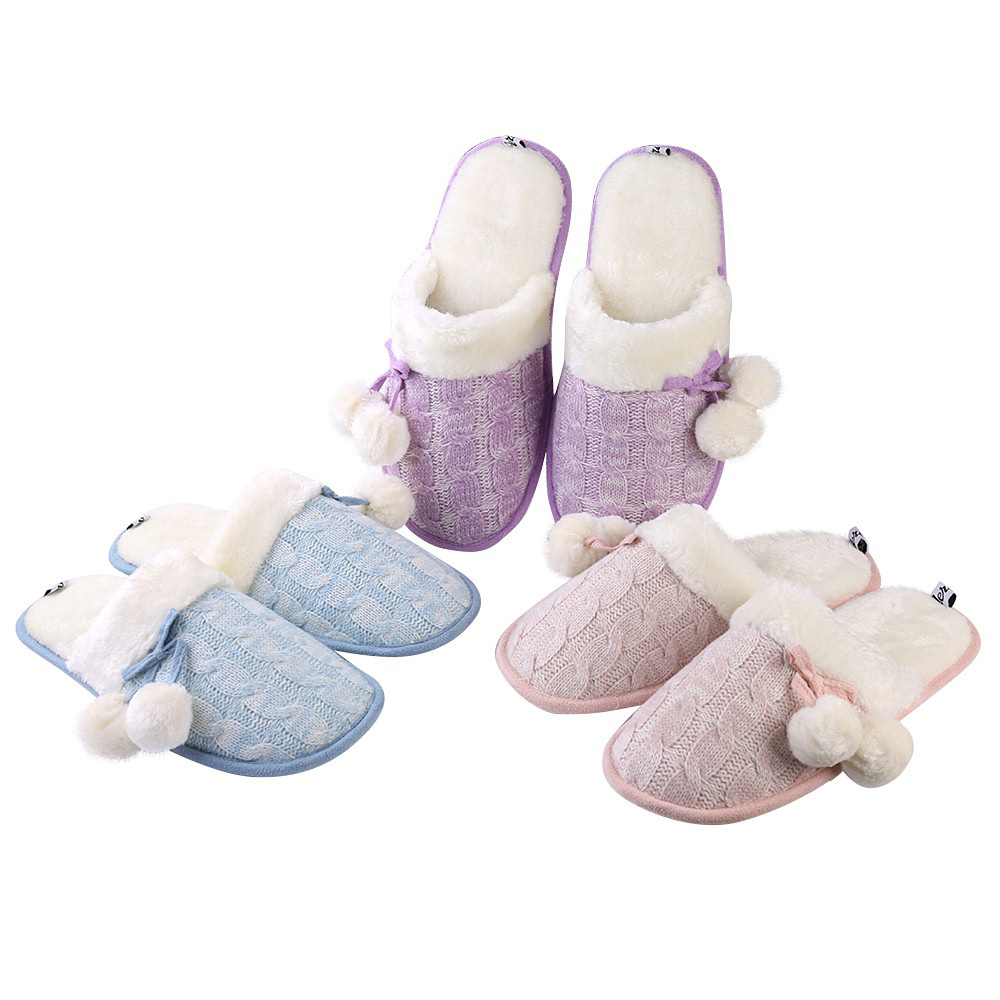 Women’s Fuzzy Knit Pom-Pom Memory Foam Slippers – Non-Slip House Shoes, Cozy Indoor Footwear