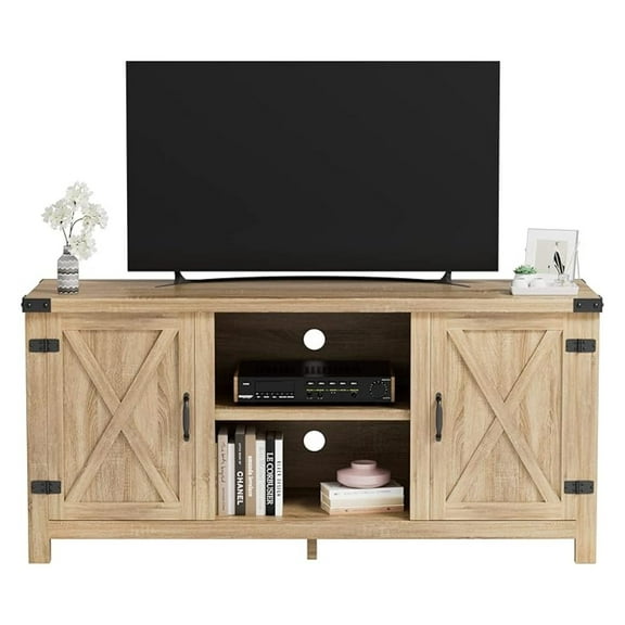 WDZS TV Stand, 65 Inch TV Farmhouse Entertainment Center with Double Barn Doors and Storage Cabinets, Console TV Table Media for Living Room, Bedroom (Pale Yellow)
