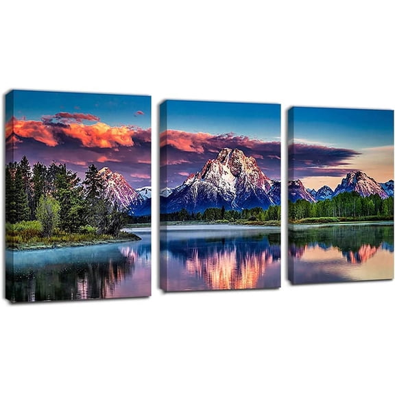 Sunset Landscape Canvas Wall Art for Living Room Wall Decor Snow Mountain Forest River Nautre Canvas Picture Prints Artwort Bedroom Bathroom Office Home Decor Framed Ready to Hang 12" X 16" X 3 Pieces