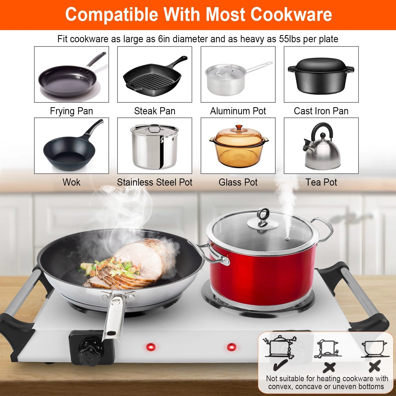 Double Countertop Burner,Countertop Electric Double Burner,2000W Portable Electric Stove, 5 Gear Temperature Control for Cooking Kitchen Dorm Camping, White