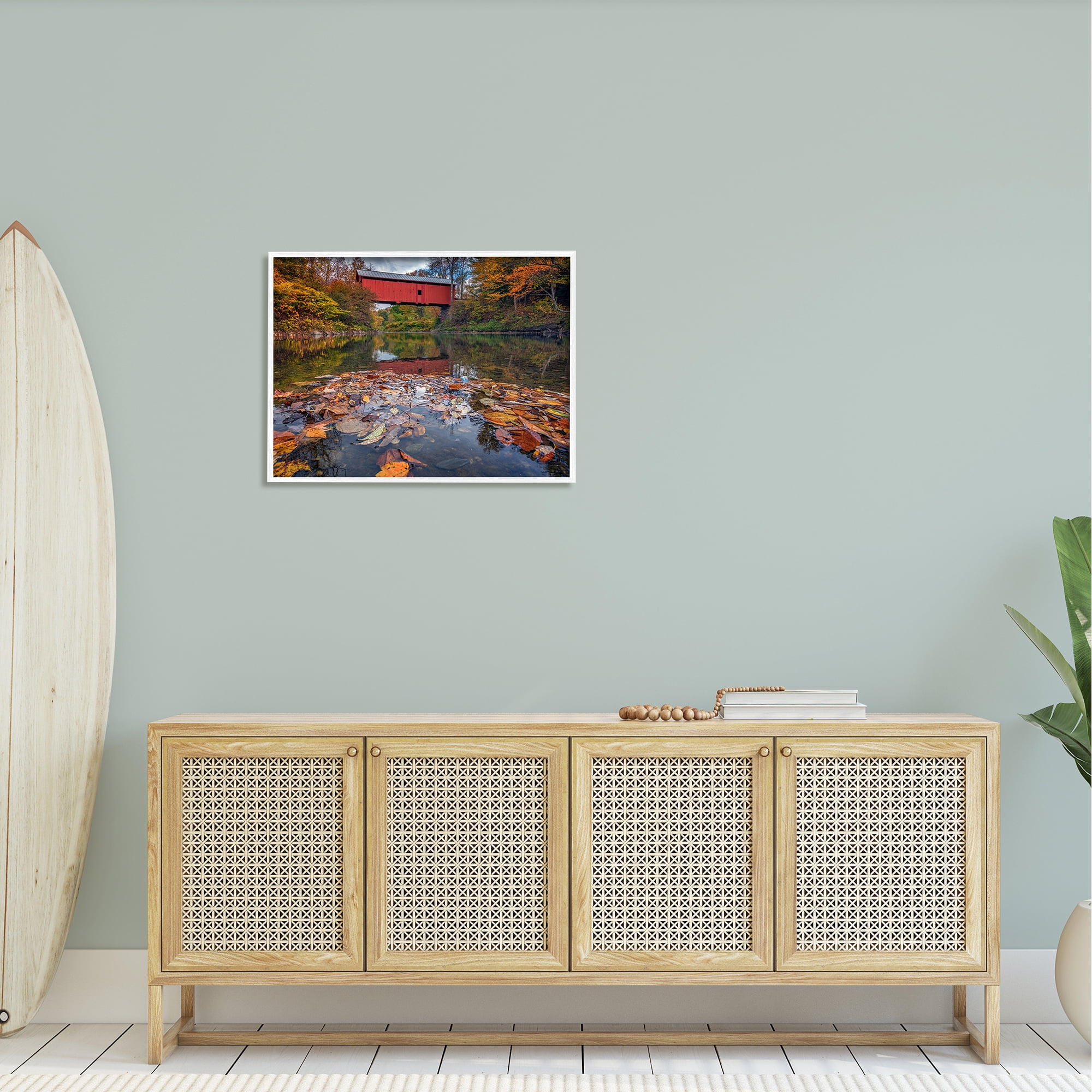 Stupell Autumnal Foliage River Bridge Landscape Photography White Framed Art Print Wall Art