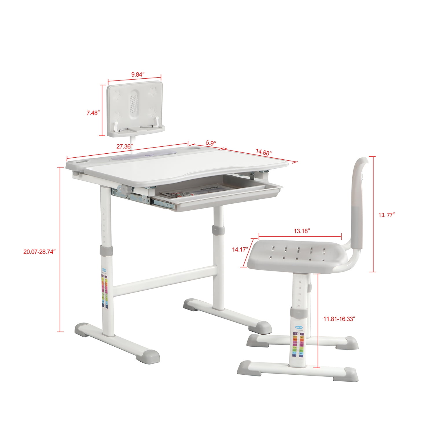 Kids Functional Desk and Chair Set,Height Adjustable Desk with Tilt Desktop,Bookstand,Pull-Out Storage Drawer(Gray) Kids Functional Desk and Chair Set,Height Adjustable Desk with Tilt Desktop,Bookstand,Pull-Out Storage Drawer(Gray)