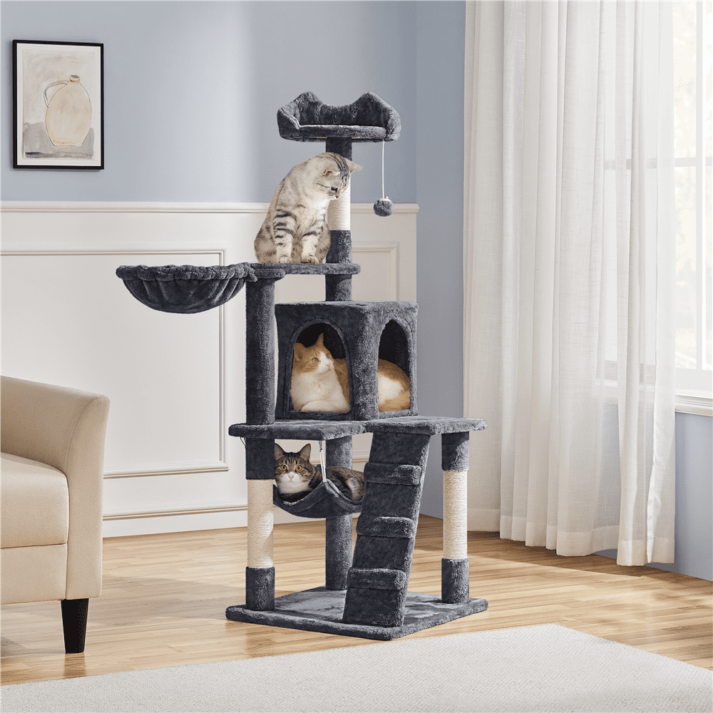 Alden Design 54" Cat Tree with Hammock, Basket and Scratching Post Tower, Dark Gray