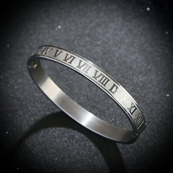 EOEMY Luxury Gold Stainless Steel Roman Numeral Cuff Wristband Bangle Men Bracelets-8mm Big Size-Silver