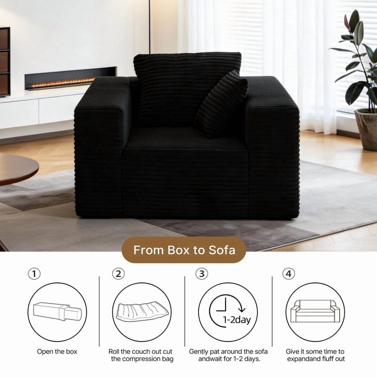 1Pcs Boneless Upholstered Sofa Chair, No Assembly Single Couch, Memory Foam Reading Armchair with Throw Pillow