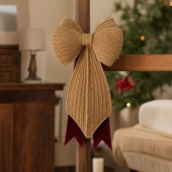 BBilaBu Woven Christmas Bow Decoration, Wicker-Style Holiday Ornament with Layered Loops and Long Tails for Tree, Wreath, Door, Wall, Mantel, Entryway and Rustic Farmhouse Decor