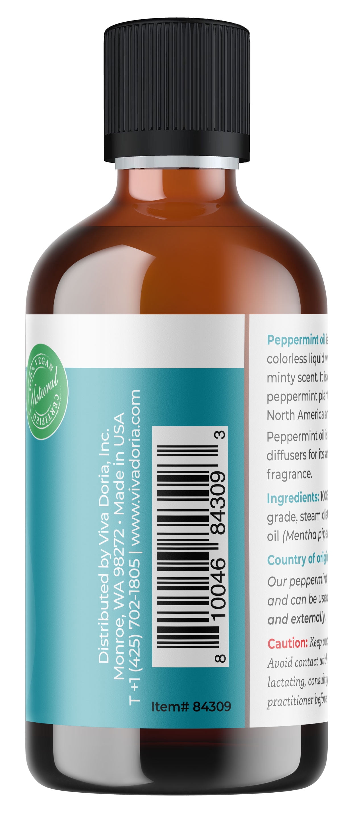 Viva Doria Peppermint Essential Oil, Undiluted, Food Grade, Made in USA, 4 Fl Oz