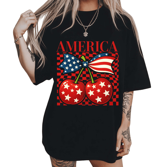 Red Checkerboard USA Cherry Bow Womens S-5XL Patriotic 4th Of July Graphic Short Sleeve T-Shirt Black Tops
