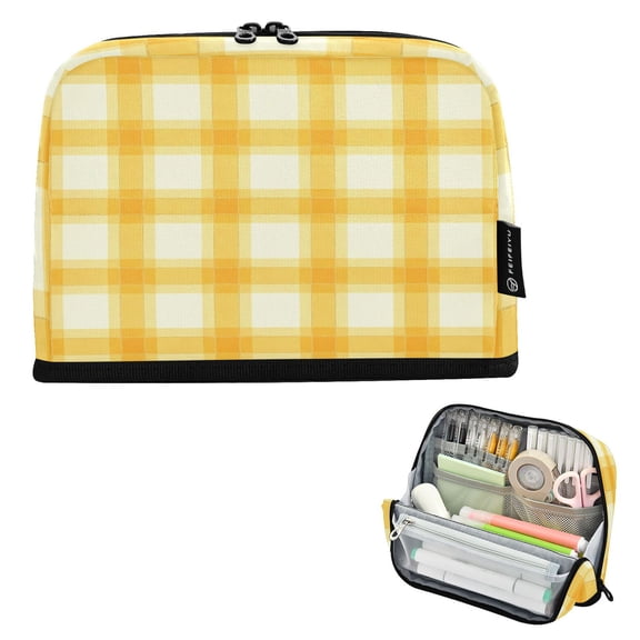 Stand Pencil Pouch High Capacity Pencil Case Organizer Pouch Durable Pencil Box for Office, Yellowgingham Printed