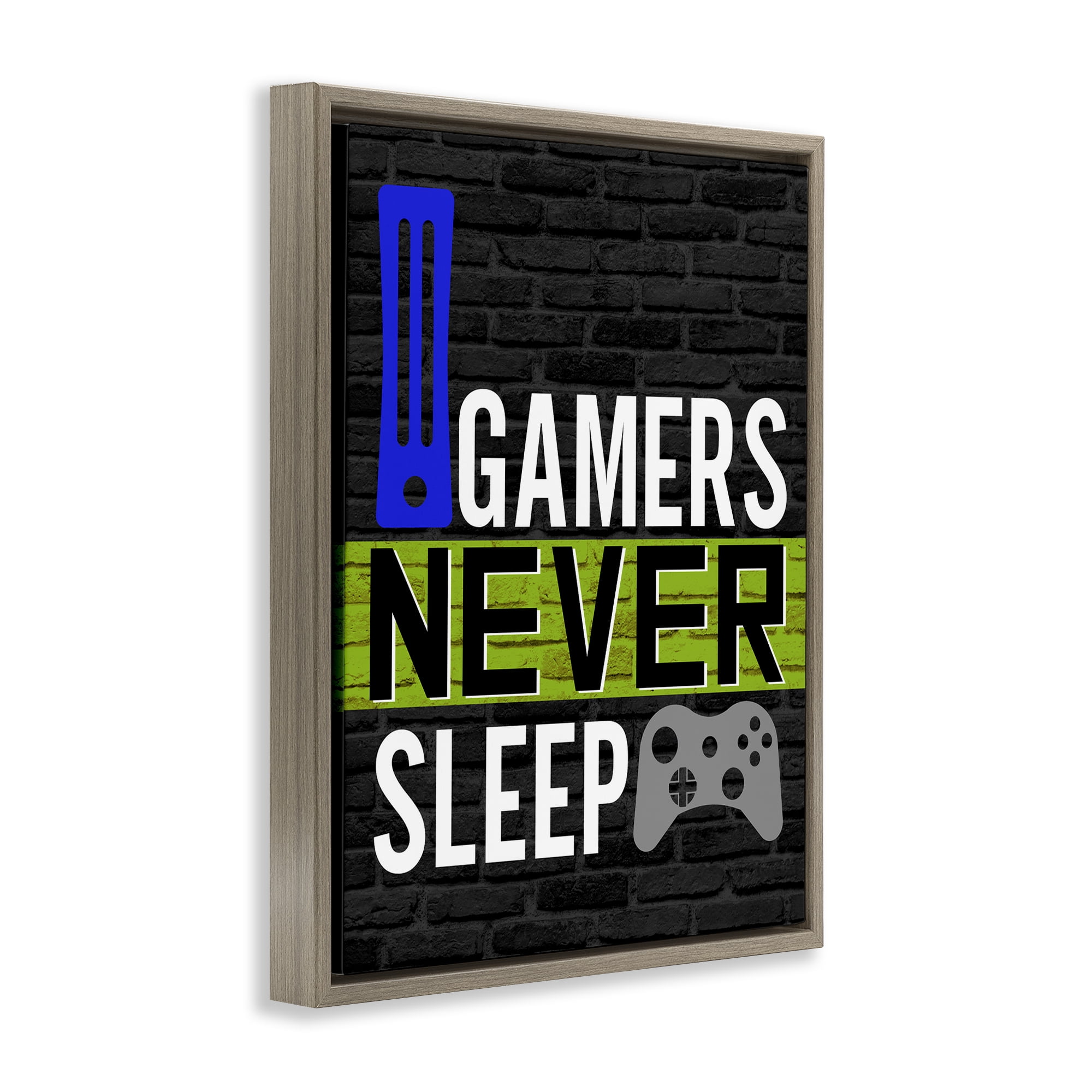 Stupell Industries Gamers Never Sleep Typography Painting Brown Floater Framed Art Print Wall Art, 25 x 31