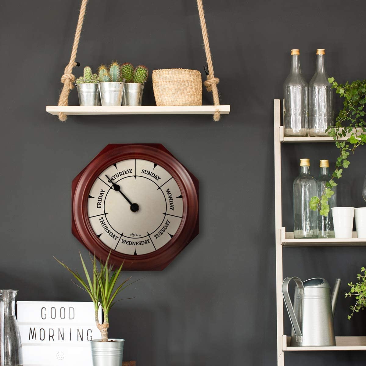 DayClocks Classic Day-of-the-Week Wall Clock with 10" Mahogany Wood Frame