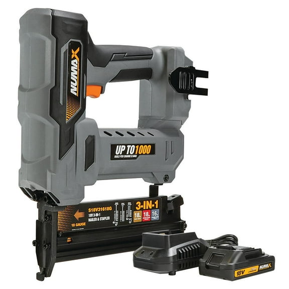 NuMax S18V31618G 18 Volt Cordless 3-in-1 16 and 18 Gauge 2" Finish Nailer / Stapler Kit with Lithium Ion Battery, Charger and Fasteners – 1000 Shots per Charge