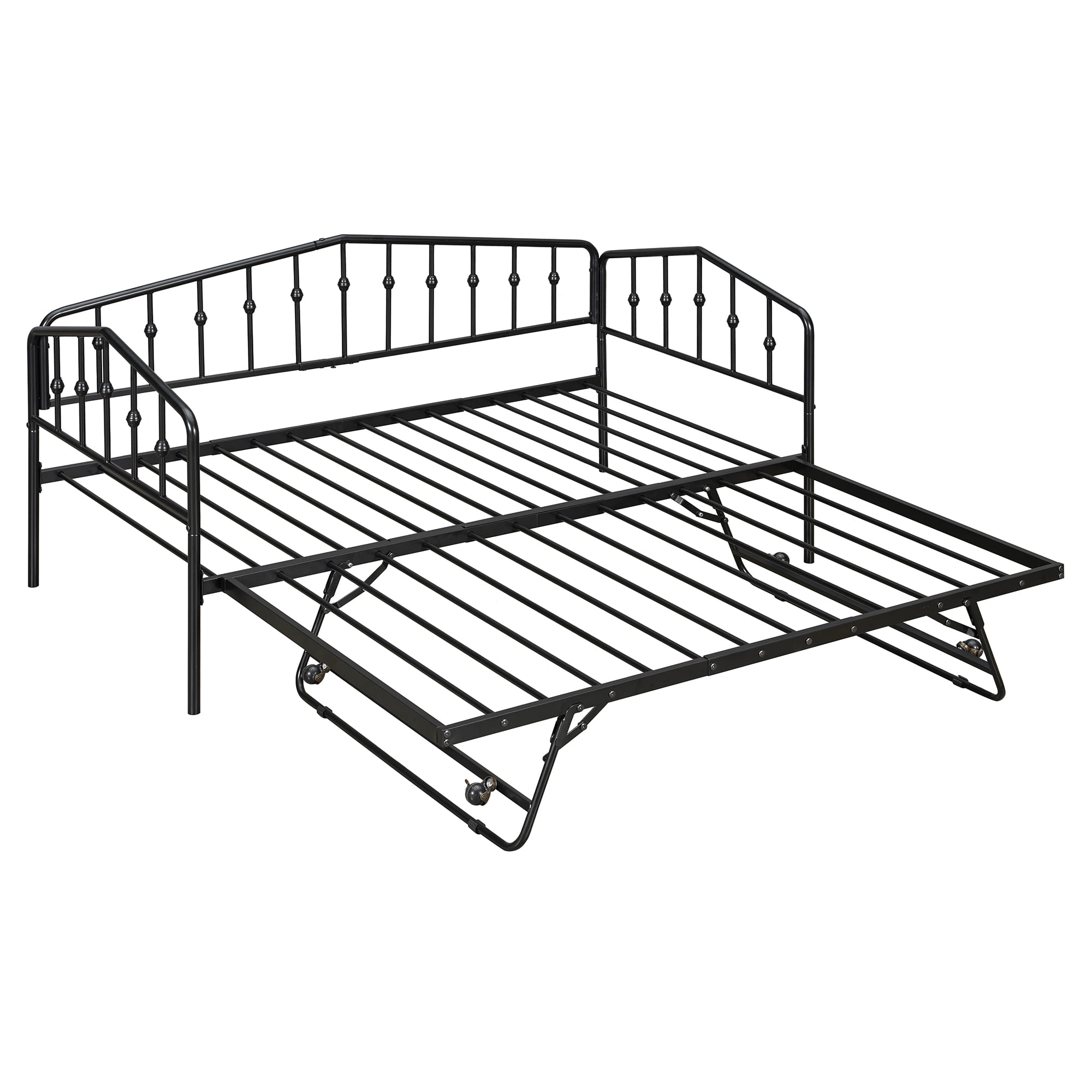 GARITIN Twin Size Metal Daybed with Adjustable Trundle, Portable Folding Trundle Bed Frame for Guest Room, Black