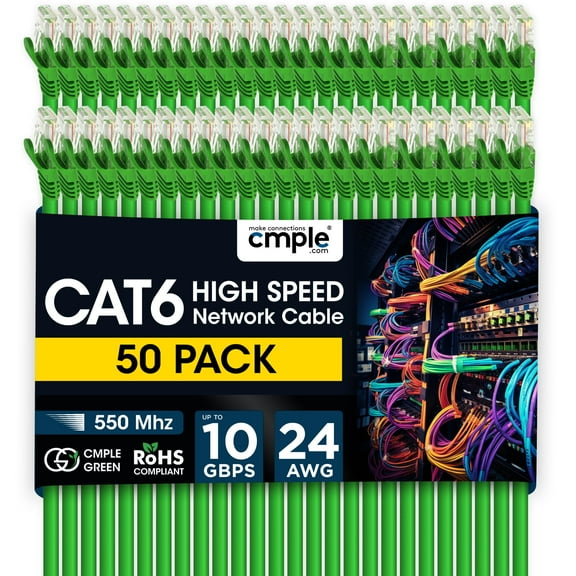Cmple - 50 Pack Cat 6 Ethernet Cable 1.5 ft 10Gbps Internet Cables with RJ45 Connectors 550MHz Cat6 Patch Cord for Computer, WiFi Router, Modem - Green