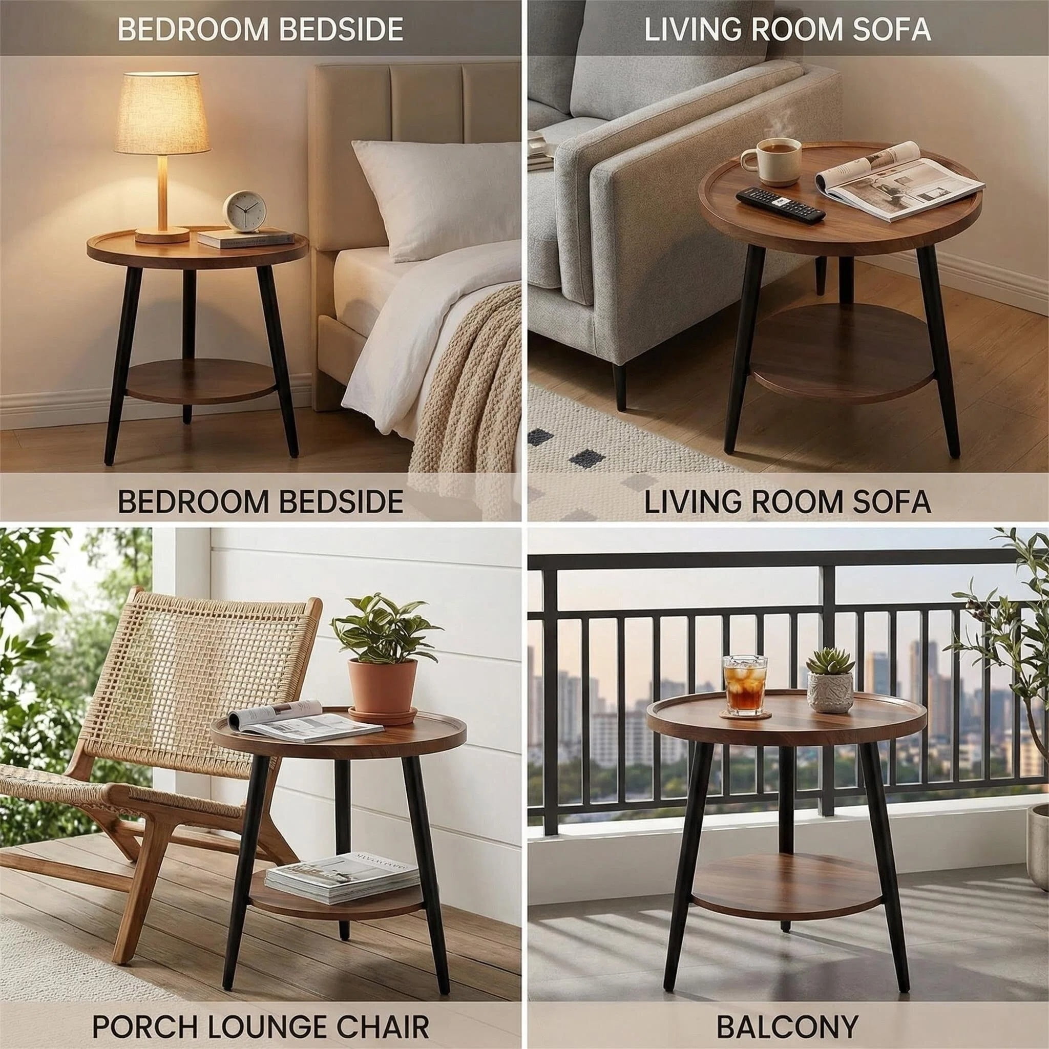 Keerffo Round End Side Table,2-Tier Mid Century Modern Coffee Sofa Table with Metal Frame Legs Nightstand for Home Bedroom and Living Room