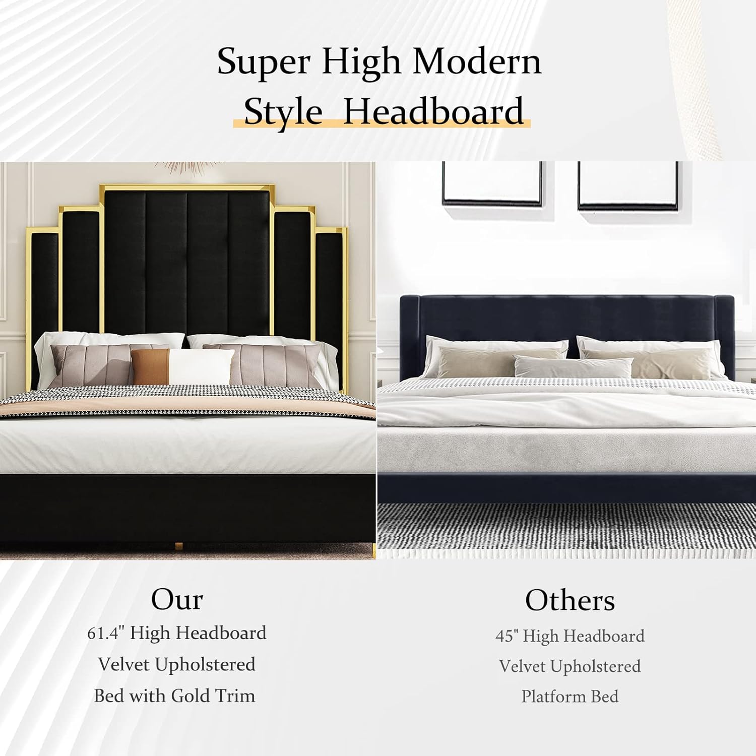 VanAcc Queen Size Platform Bed Frame, 61.4" Velvet Upholstered Bed: with Gold Trim Headboard/Wooden Slats/No Box Spring Needed/Black