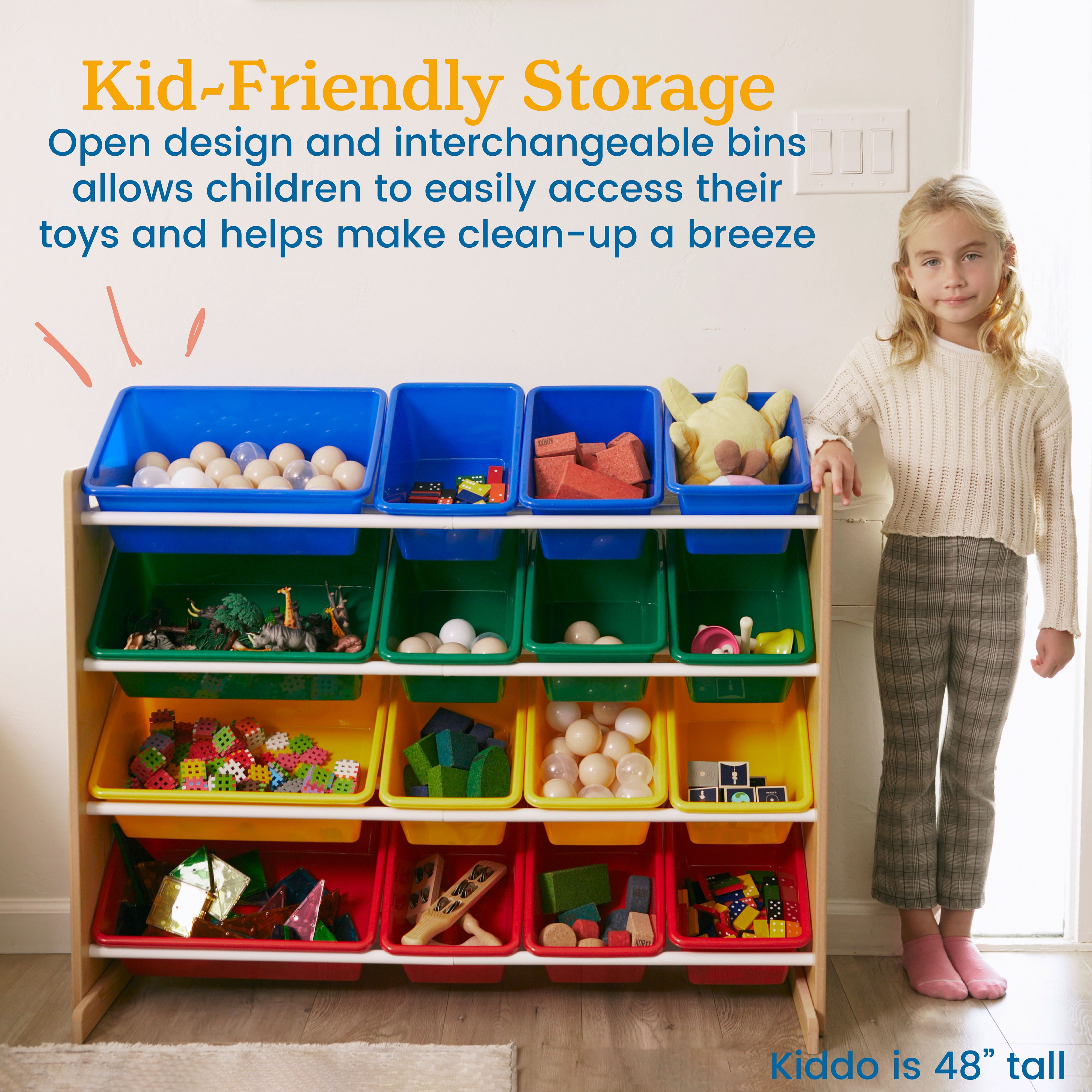 ECR4Kids 4-Tier Organizer with 16 Removable Plastic Bins, 4x4, Toy Storage, Natural/Primary