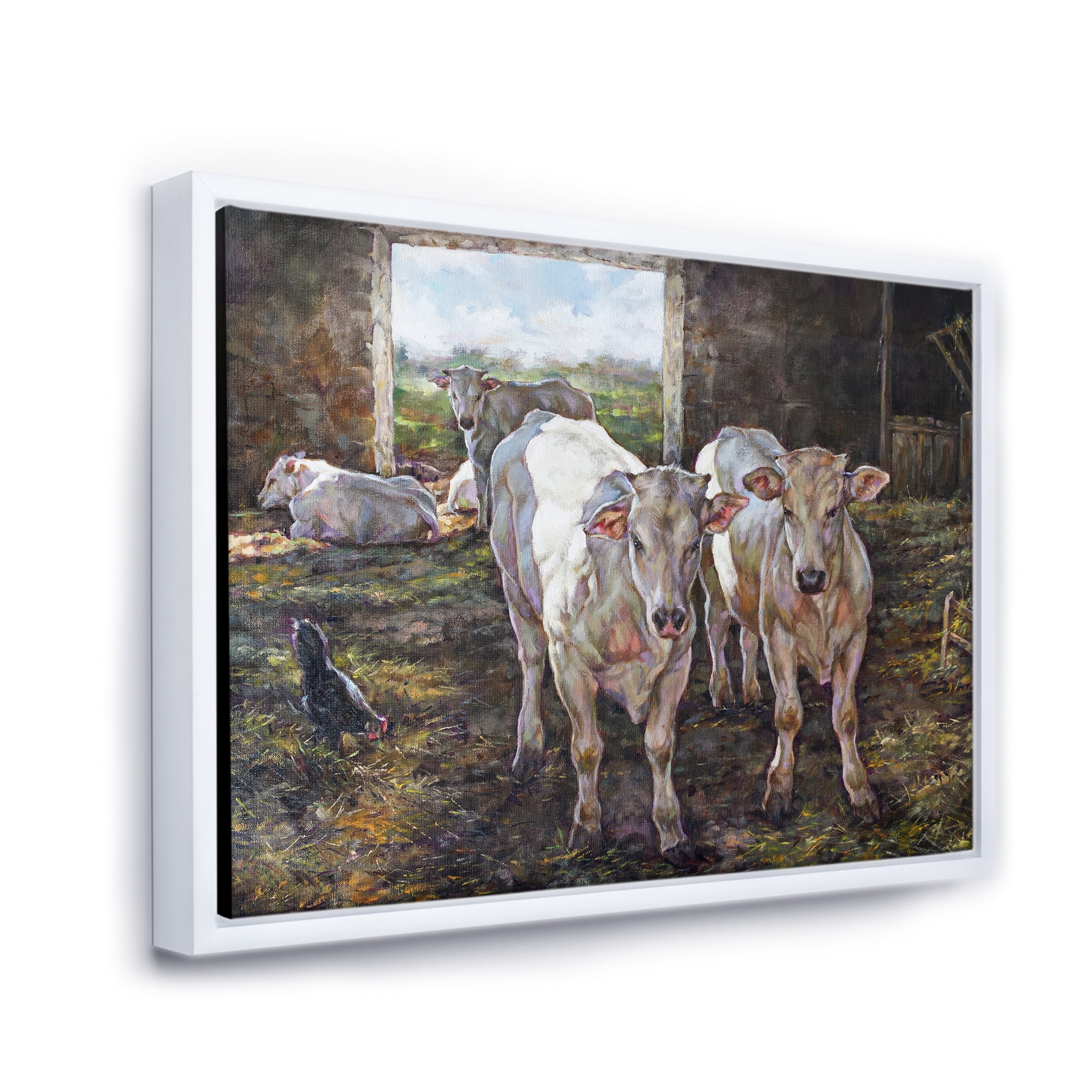 Designart 'The Cows In The Stable In Countryside' Farmhouse Framed Canvas Wall Art Print