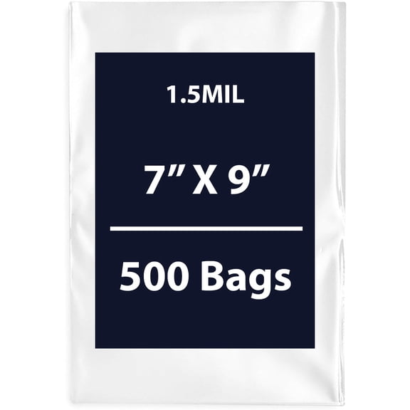 Clear Flat Poly Bags, 1.5Mil 7" X 9" & 500 Bags | Low-Density Polyethylene (LDPE), Flat Open Top Plastic Packaging Packing | Flexible and Durable Plastic Bags