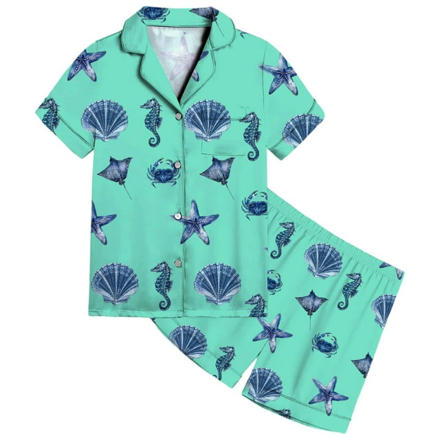 Girls Satin Pajama Set With Ocean Print Design Soft Comfortable Loungewear For Toddler To Teen Year Round Wear