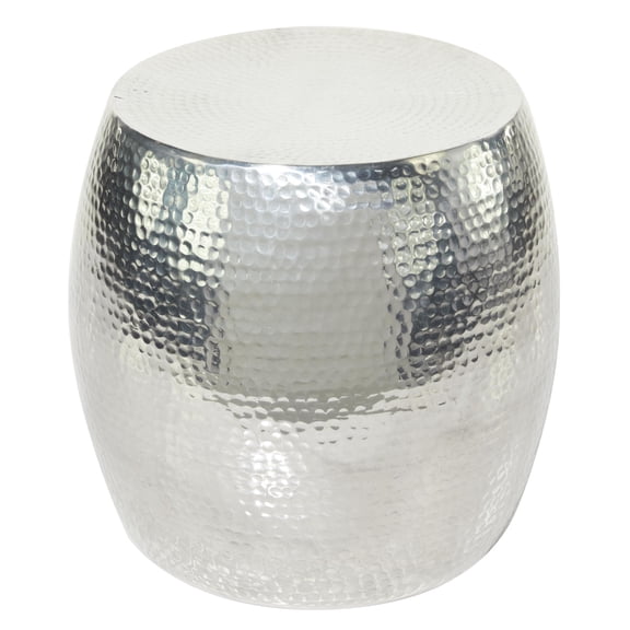 DecMode 14" x 16" Silver Aluminum Metal Drum Accent Table with Hammered Design, 1-Piece