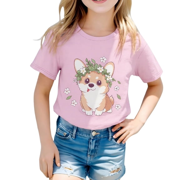 Hienoo Girls Cute Dog Print Short Sleeve T-Shirt Casual Soft Crew Neck T Shirt, Sizes 1-13