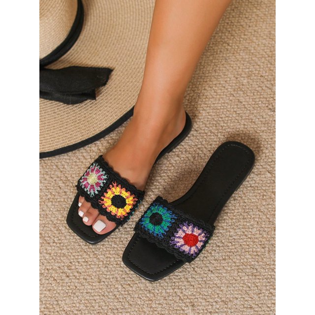 New Arrival Women'S Vintage Style Floral Embroidery Weave Ankle Strap Peep Toe Flat Sandals For Holiday, Fashion, Casual, Outdoor, Beach In Summer
