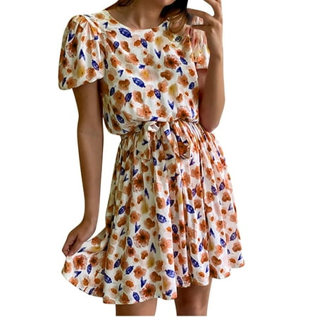 

Dresses for Women 2022 White Dress Women Women s Fashion Summer Casual O Neck Print Short Sleeve Belt Dress Long Sleeve Dress for Women Women s Dresses Long Sleeve Dress Clearance 2023 Yellow S